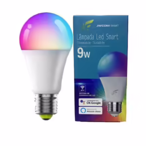 Produto: Lâmpada de LED RGB Smart Inteligente WiFi - Alexa e Google Características Técnicas: - Potência: 9W - Tecnologia: LED RGB (Red, Green, Blue) - Conectividade: WiFi - Compatibilidade: Amazon Alexa, Google Assistant - Função: Dimmable (ajustável em intensidade) - Controle de Luz: Sistema de controle de luz via aplicativo ou comandos de voz - Tipo de Soquete: E27 - Voltagem: Bivolt (110V-220V) - Vida útil: Aproximadamente 25.000 horas - Temperatura de Cor: RGB, possibilitando a escolha de diversas cores - Fluxo Luminoso: Aproximadamente 800 lumens Características Funcionais: - Controle Remoto: Pode ser controlada remotamente via aplicativo de smartphone - Automação: Suporte para criação de rotinas e cenários de iluminação personalizados - Economia de Energia: Consumo eficiente de energia em comparação com lâmpadas incandescentes - Integração: Integração com sistemas de automação residencial - Configuração: Fácil instalação e configuração via aplicativo - Atualizações: Possibilidade de receber atualizações de firmware via WiFi - Segurança: Proteção contra sobrecarga e superaquecimento Dimensões e Peso: - Dimensões: Aproximadamente 60mm de diâmetro x 120mm de altura - Peso: Aproximadamente 100g Outras Informações: - Marca: JWCOM Smart - Cor do Corpo: Branco - Material: Plástico resistente ao calor - Certificações: CE, RoHS Categorias do Produto: - Iluminação - Lâmpadas LED - Lâmpadas Inteligentes - Automação Residencial - Produtos Compatíveis com Alexa - Produtos Compatíveis com Google Assistant