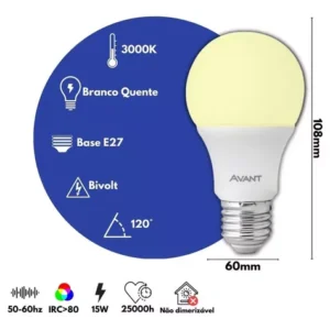 **Produto: Kit 10 Lâmpadas LED 15W Bulbo Pera 3000K Branco Quente Avant** **Descrição Detalhada:** O Kit contém 10 lâmpadas LED com formato de bulbo pera, cada uma com potência de 15W. As lâmpadas emitem luz com temperatura de cor de 3000K, proporcionando uma iluminação de cor branco-quente, ideal para criar ambientes aconchegantes e confortáveis. **Características Técnicas e Funcionais:** - **Potência:** 15W por lâmpada. - **Formato:** Bulbo pera. - **Temperatura de Cor:** 3000K (Branco Quente). - **Base:** E27, compatível com soquetes padrão. - **Tensão:** Bivolt (110V-220V), permitindo uso em diferentes redes elétricas. - **Ângulo de Abertura:** 120°, oferecendo uma distribuição ampla e uniforme da luz. - **Frequência:** 50-60Hz. - **Índice de Reprodução de Cor (IRC):** >80, garantindo uma boa reprodução das cores no ambiente. - **Vida Útil:** 25.000 horas, proporcionando longa durabilidade e menor necessidade de substituição. - **Dimensões:** Diâmetro de 60mm e altura de 108mm. - **Não Dimerizável:** Não permite ajuste de intensidade luminosa. - **Marca:** Avant. **Categoria do Produto:** - **Iluminação Residencial e Comercial** - **Lâmpadas LED** - **Lâmpadas de Bulbo** - **Lâmpadas de Luz Quente** **Atributos do Produto:** - **Quantidade no Kit:** 10 lâmpadas - **Tipo de Lâmpada:** LED - **Formato da Lâmpada:** Bulbo pera - **Potência:** 15W - **Temperatura de Cor:** 3000K - **Cor da Luz:** Branco Quente - **Base:** E27 - **Tensão:** Bivolt (110V-220V) - **Ângulo de Abertura:** 120° - **Frequência:** 50-60Hz - **IRC:** >80 - **Vida Útil:** 25.000 horas - **Dimensões:** 60mm x 108mm - **Dimerizável:** Não - **Marca:** Avant