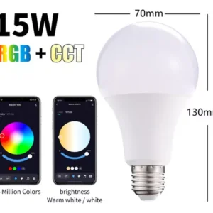Lâmpada LED Inteligente RGB+CCT 15W Características Técnicas: - Potência: 15W - Tipo de LED: RGB+CCT (Red, Green, Blue + Correlate Color Temperature) - Dimensões: 70mm de diâmetro e 130mm de altura - Conectividade: Controlável via aplicativo móvel - Compatibilidade: Funciona com smartphones (iOS e Android) - Controle de Cores: 16 milhões de cores disponíveis - Ajuste de Brilho: Permite ajuste de brilho, incluindo branco quente e branco frio - Base: E27 (rosca padrão) Funcionalidades: - Controle Remoto: Ajuste de cores e brilho via aplicativo móvel - Personalização: Capacidade de criar cenas e programar horários - Economia de Energia: Consumo eficiente de energia - Longa Vida Útil: Durabilidade prolongada comparada às lâmpadas incandescentes tradicionais Aplicações: - Iluminação Residencial: Ideal para salas de estar, quartos, cozinhas e banheiros - Iluminação Comercial: Adequada para escritórios, lojas, restaurantes e hotéis - Iluminação Decorativa: Perfeita para eventos, festas e decorações temáticas Atributos: - Potência: 15W - Tipo de LED: RGB+CCT - Dimensões: 70mm x 130mm - Base: E27 - Controle via App: Sim - Ajuste de Cor: 16 milhões de cores - Ajuste de Brilho: Sim, incluindo branco quente e frio - Compatibilidade: iOS e Android Categorias: - Iluminação - Lâmpadas LED - Lâmpadas Inteligentes - Iluminação Decorativa - Automação Residencial