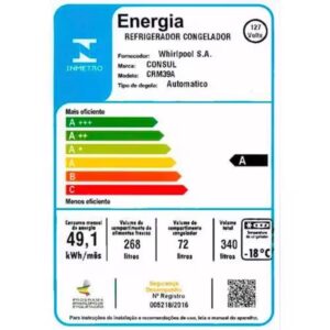 **Produto: Geladeira Consul Frost Free CRM39AB Duplex com Prateleiras Altura Flex Branca - 340L** **Características Gerais:** - **Marca:** Consul - **Modelo:** CRM39AB - **Tipo:** Duplex (com freezer na parte superior) - **Cor:** Branca - **Capacidade Total:** 340 litros - **Capacidade do Refrigerador:** 268 litros - **Capacidade do Freezer:** 72 litros **Tecnologia e Funcionalidades:** - **Sistema de Degelo:** Frost Free (não necessita descongelamento manual) - **Prateleiras:** Altura Flex (prateleiras ajustáveis para melhor organização dos alimentos) - **Classificação Energética:** A (alta eficiência energética) - **Consumo de Energia:** 49,1 kWh/mês - **Temperatura do Freezer:** -18°C **Dimensões e Peso:** - **Altura:** Informação não disponível na imagem - **Largura:** Informação não disponível na imagem - **Profundidade:** Informação não disponível na imagem - **Peso:** Informação não disponível na imagem **Outras Informações:** - **Voltagem:** 127 Volts - **Fornecedor:** Whirlpool S.A. - **Registro INMETRO:** 005218/2016 **Categoria do Produto:** - Eletrodomésticos - Cozinha - Geladeiras e Freezers - Geladeiras Duplex **Atributos do Produto:** - Tipo de Geladeira: Duplex - Sistema de Degelo: Frost Free - Capacidade Total: 340 litros - Capacidade do Refrigerador: 268 litros - Capacidade do Freezer: 72 litros - Cor: Branca - Classificação Energética: A - Consumo de Energia: 49,1 kWh/mês - Temperatura do Freezer: -18°C - Prateleiras: Altura Flex - Voltagem: 127 Volts - Fornecedor: Whirlpool S.A. - Registro INMETRO: 005218/2016