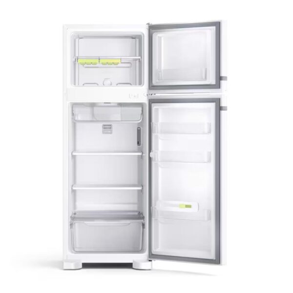 Geladeira Consul Frost Free CRM39AB Duplex com Prateleiras Altura Flex Branca - 340L **Características Gerais:** - **Marca:** Consul - **Modelo:** CRM39AB - **Tipo:** Duplex - **Cor:** Branca - **Capacidade Total:** 340 litros - **Capacidade do Refrigerador:** 268 litros - **Capacidade do Freezer:** 72 litros - **Tecnologia:** Frost Free (não necessita descongelamento manual) - **Voltagem:** 110V ou 220V (não é bivolt) **Dimensões:** - **Altura:** 170 cm - **Largura:** 62,1 cm - **Profundidade:** 70,1 cm - **Peso:** 58 kg **Características Técnicas:** - **Classificação Energética:** A (mais eficiente) - **Consumo de Energia:** 54 kWh/mês - **Controle de Temperatura:** Externo e eletrônico - **Gás Refrigerante:** R600a (ecologicamente correto) **Características Funcionais:** - **Prateleiras Internas:** 3 prateleiras de vidro temperado, sendo 2 ajustáveis com sistema Altura Flex, permitindo ajuste conforme a necessidade. - **Porta Ovos:** Sim, com capacidade para 12 ovos - **Compartimento Extra Frio:** Sim, ideal para armazenar alimentos que precisam de maior refrigeração. - **Gaveta de Legumes:** Transparente, com controle de umidade para melhor conservação dos alimentos. - **Prateleiras na Porta:** 3 prateleiras, sendo uma com suporte para garrafas de até 2,5 litros. - **Porta Latas:** Sim, com capacidade para 6 latas. - **Iluminação Interna:** LED, proporcionando melhor visibilidade e economia de energia. - **Pés Niveladores:** Sim, para ajuste de altura e estabilidade. **Características do Freezer:** - **Prateleiras:** 1 prateleira de arame - **Formas de Gelo:** Sim, com capacidade para 2 formas - **Prateleiras na Porta:** 1 prateleira para armazenamento de pequenos itens **Design e Acabamento:** - **Acabamento Externo:** Branco, com design moderno e clean - **Puxadores:** Embutidos, facilitando a limpeza e proporcionando um visual mais elegante **Outras Características:** - **Garantia:** 12 meses - **Manual de Instruções:** Sim, acompanha o produto A Geladeira Consul Frost Free CRM39AB é ideal para famílias de tamanho médio, oferecendo uma boa capacidade de armazenamento e diversas funcionalidades que facilitam o dia a dia. Com prateleiras ajustáveis e iluminação LED, ela proporciona flexibilidade e economia de energia, além de ser ecologicamente correta com o uso do gás R600a.