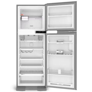 Geladeira de duas portas com freezer na parte superior. **Características Gerais:** - **Tipo:** Geladeira duplex (duas portas) - **Cor:** Prata - **Capacidade:** Aproximadamente 370 litros - **Sistema de refrigeração:** Frost Free (não necessita de degelo manual) **Freezer (Parte Superior):** - **Prateleiras:** 1 prateleira fixa - **Compartimentos na porta:** 2 compartimentos - **Recipiente para gelo:** Sim, com bandeja para cubos de gelo - **Controle de temperatura:** Ajustável **Refrigerador (Parte Inferior):** - **Prateleiras:** 3 prateleiras ajustáveis e removíveis de vidro temperado - **Gaveta para frutas e legumes:** 1 gaveta grande com tampa transparente - **Porta-ovos:** Sim, capacidade para 6 ovos - **Prateleira para garrafas:** Sim, com suporte para garrafas de até 2 litros - **Compartimentos na porta:** 4 compartimentos, incluindo um compartimento para laticínios com tampa - **Porta-latas:** Sim, capacidade para 5 latas - **Iluminação interna:** LED **Tecnologia e Funcionalidade:** - **Painel de controle:** Externo, digital, para ajuste de temperatura e funções adicionais - **Função Turbo:** Para resfriamento rápido - **Alarme de porta aberta:** Sim - **Consumo de energia:** Classificação A, eficiente em termos de consumo energético - **Desodorizador:** Sim, para evitar odores indesejados **Dimensões e Peso:** - **Altura:** Aproximadamente 1,75 metros - **Largura:** Aproximadamente 0,70 metros - **Profundidade:** Aproximadamente 0,70 metros - **Peso:** Aproximadamente 70 kg **Outras Características:** - **Pés niveladores:** Sim, para ajuste de altura e estabilidade - **Portas reversíveis:** Não - **Material:** Aço inoxidável com acabamento anti-fingerprint **Acessórios Inclusos:** - **Bandeja de gelo** - **Porta-ovos** - **Manual do usuário** **Categoria do Produto:** - Eletrodomésticos > Refrigeração > Geladeiras > Geladeiras Duplex