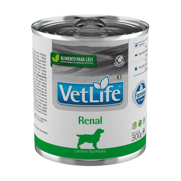 Produto: Alimento para cães Vet Life Renal Descrição: Vet Life Renal é um alimento úmido enlatado especialmente formulado para cães com necessidades nutricionais específicas relacionadas à função renal. Este produto é indicado para cães que sofrem de insuficiência renal crônica, ajudando a reduzir a carga de trabalho dos rins e a manter a saúde geral do animal. Características: - **Marca**: Vet Life - **Linha**: Farmina Pet Foods - **Tipo de Produto**: Alimento úmido enlatado - **Indicação**: Cães com insuficiência renal crônica - **Formato**: Lata - **Peso Líquido**: 300g - **Benefícios**: - Formulado para apoiar a função renal - Reduz a carga de trabalho dos rins - Ajuda a manter a saúde geral do animal - **Ingredientes**: Fórmula específica para cães com problemas renais (detalhes específicos dos ingredientes não visíveis na imagem) - **País de Origem**: Itália (indicado pela bandeira italiana na embalagem) - **Outras Informações**: - Produto sem corantes artificiais - Produto sem conservantes artificiais - Produto sem transgênicos - **Recomendações de Uso**: Seguir as orientações do veterinário para a quantidade e frequência de alimentação - **Embalagem**: Lata metálica com tampa de fácil abertura Categoria do Produto: - Pets - Alimentos para Cães - Alimentos Terapêuticos - Alimentos Úmidos Atributos do Produto: - Tipo: Alimento úmido - Indicação: Insuficiência renal crônica - Peso: 300g - Marca: Vet Life - Linha: Farmina Pet Foods - País de Origem: Itália - Características adicionais: Sem corantes, sem conservantes, sem transgênicos