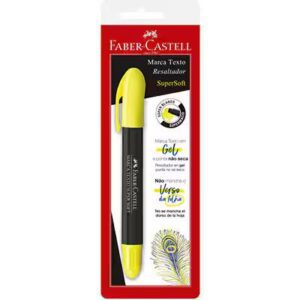 Marca-texto Faber-Castell SuperSoft.

Características:
- Tipo: Marca-texto em gel.
- Cor: Amarelo.
- Tecnologia: Gel que não seca.
- Funcionalidade: Não mancha o verso da folha.
- Design: Corpo preto com detalhes amarelos, tampa com clip.
- Conforto: Escrita suave, ideal para uso prolongado.
- Aplicação: Indicado para destacar textos em papel sem causar borrões.
- Diferencial: Tecnologia SuperSoft que proporciona deslizamento suave.

Atributos técnicos:
- Marca: Faber-Castell.
- Modelo: SuperSoft.
- Tipo de tinta: Gel.
- Resistência: Não seca quando destampado por longos períodos.
- Segurança: Não tóxico.

Categoria do produto:
- Material escolar.
- Escritório.
- Artigos de papelaria.
- Marca-texto.