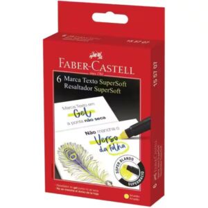 Marca Texto em Gel SuperSoft Amarelo, 6 unidades, Faber-Castell CX 1 UN

- Tipo de produto: Marca Texto em Gel
- Marca: Faber-Castell
- Modelo: SuperSoft
- Cor: Amarelo
- Quantidade: 6 unidades por embalagem
- Tecnologia: Gel
- Características do gel: 
  - Ponta não seca
  - Super macio ao aplicar
- Funcionalidade:
  - Não mancha o verso da folha
  - Deslizamento suave
  - Ideal para papéis finos
- Design:
  - Formato ergonômico para melhor manuseio
- Uso recomendado:
  - Destacado de textos em papel
  - Adequado para uso escolar, profissional e pessoal
- Embalagem:
  - Caixa com 6 unidades
  - Design atrativo e informativo
- Código do produto: 155107

Atributos adicionais:
- Não tóxico
- Longa duração
- Resistente ao ressecamento

Categoria: Material de Escritório, Material Escolar, Artigos de Papelaria.