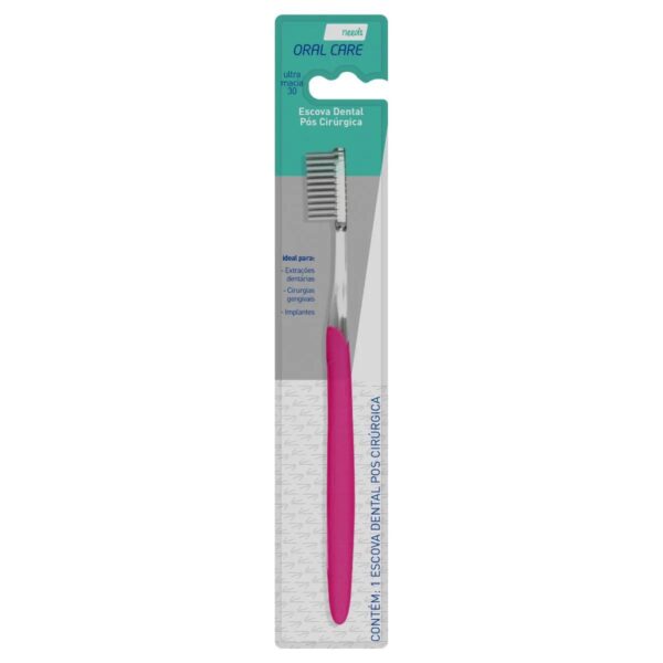 **Produto:** Escova Dental Pós Cirúrgica **Marca:** Needs **Categoria:** Cuidados Orais **Descrição do Produto:** A Escova Dental Pós Cirúrgica da marca Needs é projetada especialmente para proporcionar um cuidado delicado e eficaz após procedimentos dentários. Este modelo é ideal para pacientes que passaram por extrações dentárias, cirurgias gengivais e implantes, garantindo uma higienização segura e confortável. **Características Técnicas:** - **Tipo de Cerdas:** Ultra macias (dureza 30), permitindo uma limpeza eficaz sem causar irritação nas gengivas ou danos à mucosa bucal sensível. - **Design da Escova:** Possui um cabo ergonômico que proporciona uma pegada confortável, facilitando o manuseio durante a escovação, especialmente em áreas de difícil acesso. - **Cabeça da Escova:** A cabeça é projetada com um formato que permite alcançar facilmente os dentes e gengivas, promovendo uma higiene oral completa. - **Uso Recomendado:** Especialmente indicada para cuidados após procedimentos cirúrgicos dentários, ajudando na recuperação e manutenção da saúde bucal. - **Cor:** Cabo em rosa, com um design moderno e atraente. **Instruções de Uso:** Recomenda-se usar a escova com movimentos suaves e delicados para evitar qualquer desconforto. É ideal escovar pelo menos duas vezes ao dia, ou conforme a orientação do dentista. **Embalagem:** O produto é vendido em uma embalagem prática, que protege a escova e facilita o armazenamento. **Dimensões do Produto:** - Comprimento total: 19 cm - Largura da cabeça: 2,5 cm **Benefícios:** - Proporciona uma limpeza segura após cirurgias dentárias. - Minimiza o risco de irritação nas gengivas. - Ideal para pacientes em recuperação, ajudando na cicatrização. **Recomendações de Armazenamento:** Manter em local seco e arejado, longe da luz direta do sol. **Código de Barras:** [inserir código de barras, se disponível] **Atributos:** - Tipo: Escova dental - Dureza: Ultra macia - Cor: Rosa - Uso: P pós cirúrgico - Ideal para: Extrações, cirurgias gengivais, implantes **Categoria do Produto:** Higiene e Cuidados Pessoais > Cuidados Orais > Escovas de Dente